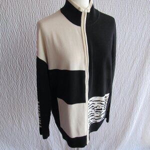 Edinburgh Colorblock Black Ivory Sweater Cardigan Full Zip Pima Cotton Womens M